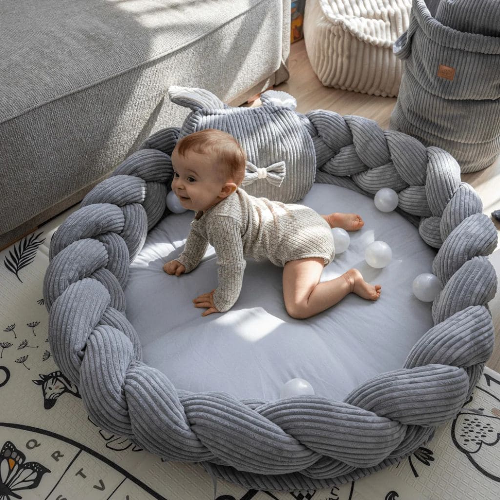 Cocon Bébé 3-en-1 Gris – Tapis d’Éveil & Tour de Lit Tressé