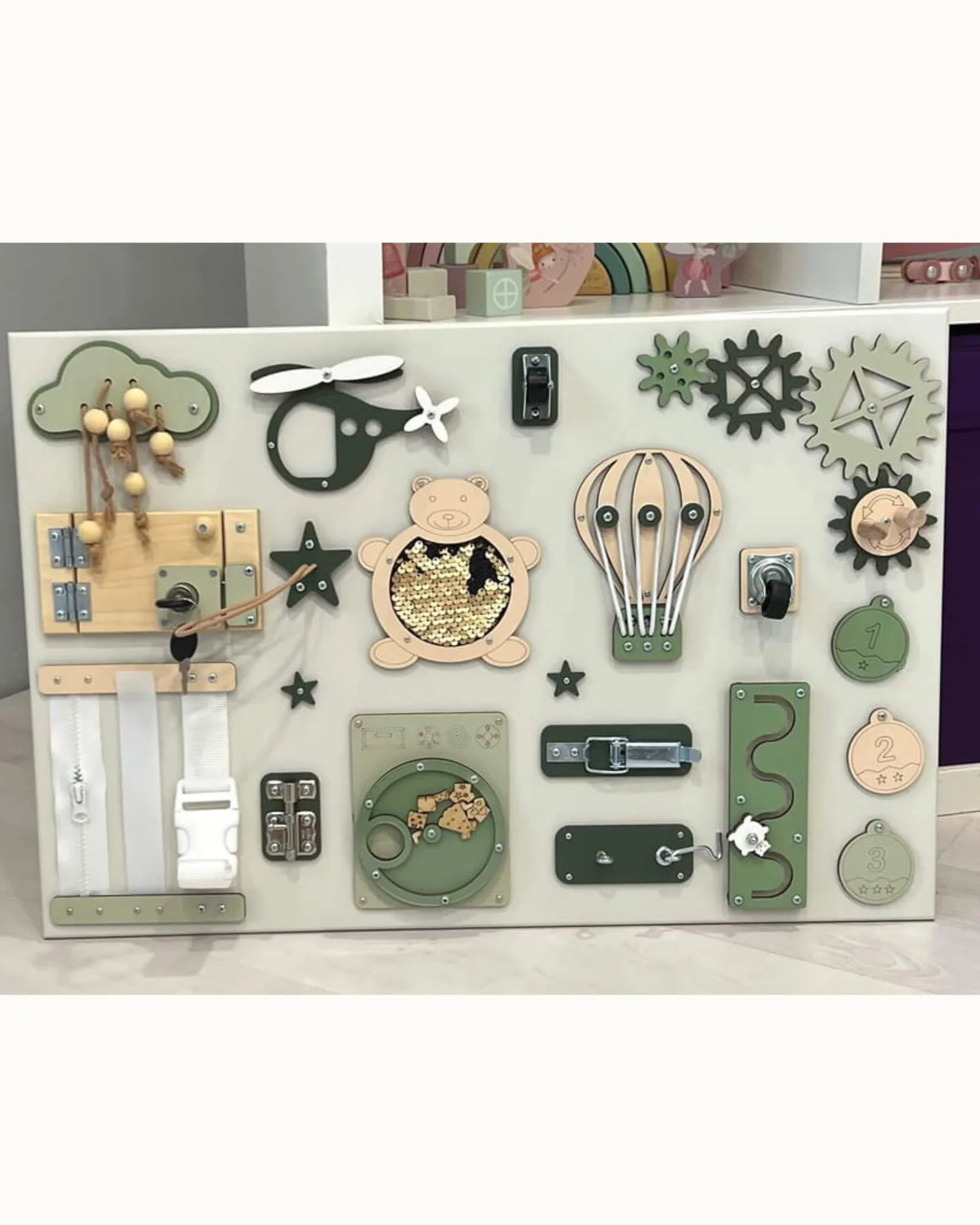 Busy Board Montessori BusyBunnyToys – Planche Activité Bois 40×60 cm – Jouets Montessori pour enfant | Tinitto