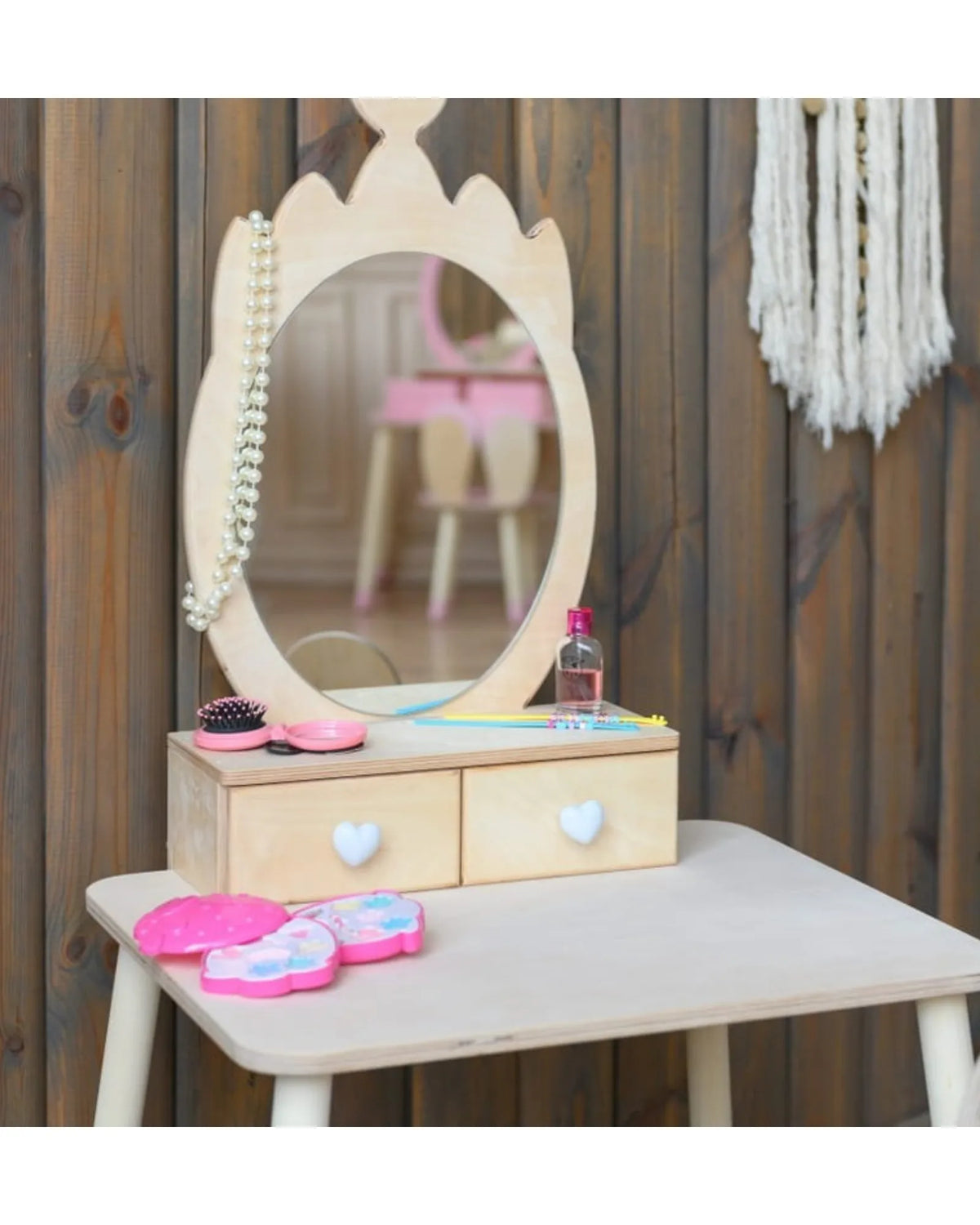 Coiffeuse Enfant "Princesse" – Miroir Couronne & Rangement (Bois Naturel) – Montessori pour enfant – photo 3