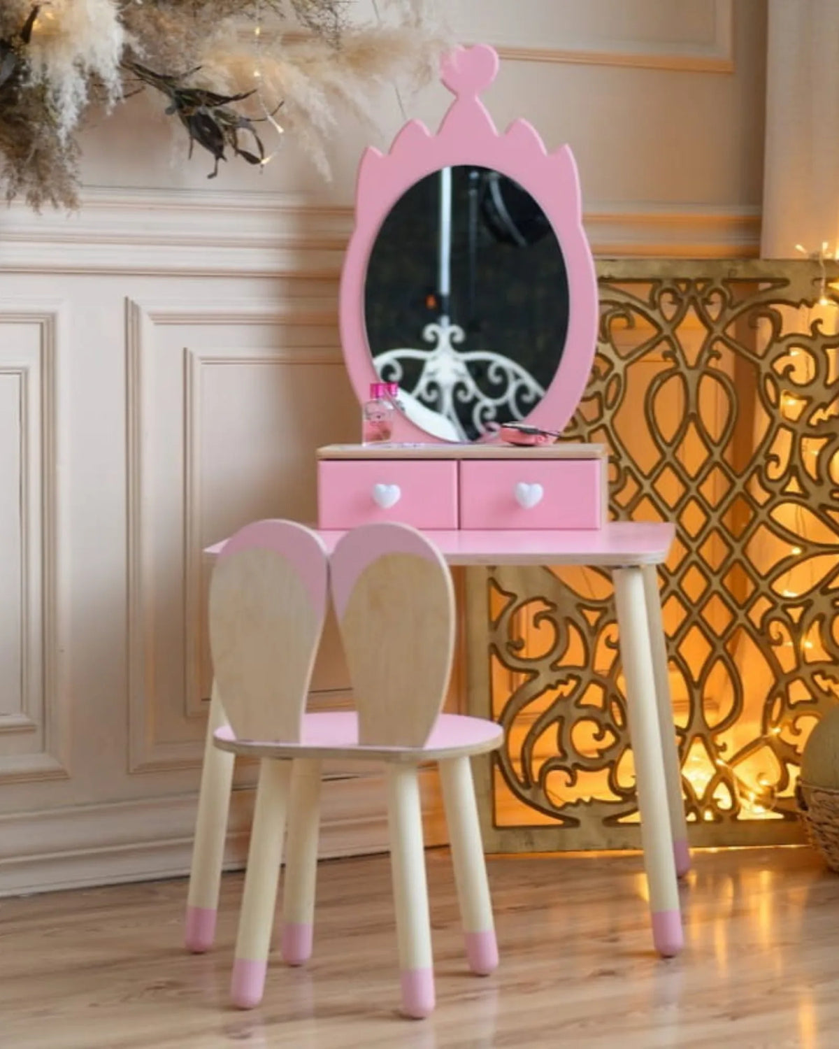 Coiffeuse Enfant "Princesse" – Miroir Couronne & Rangement (Bois Naturel) – Montessori pour enfant – photo 9