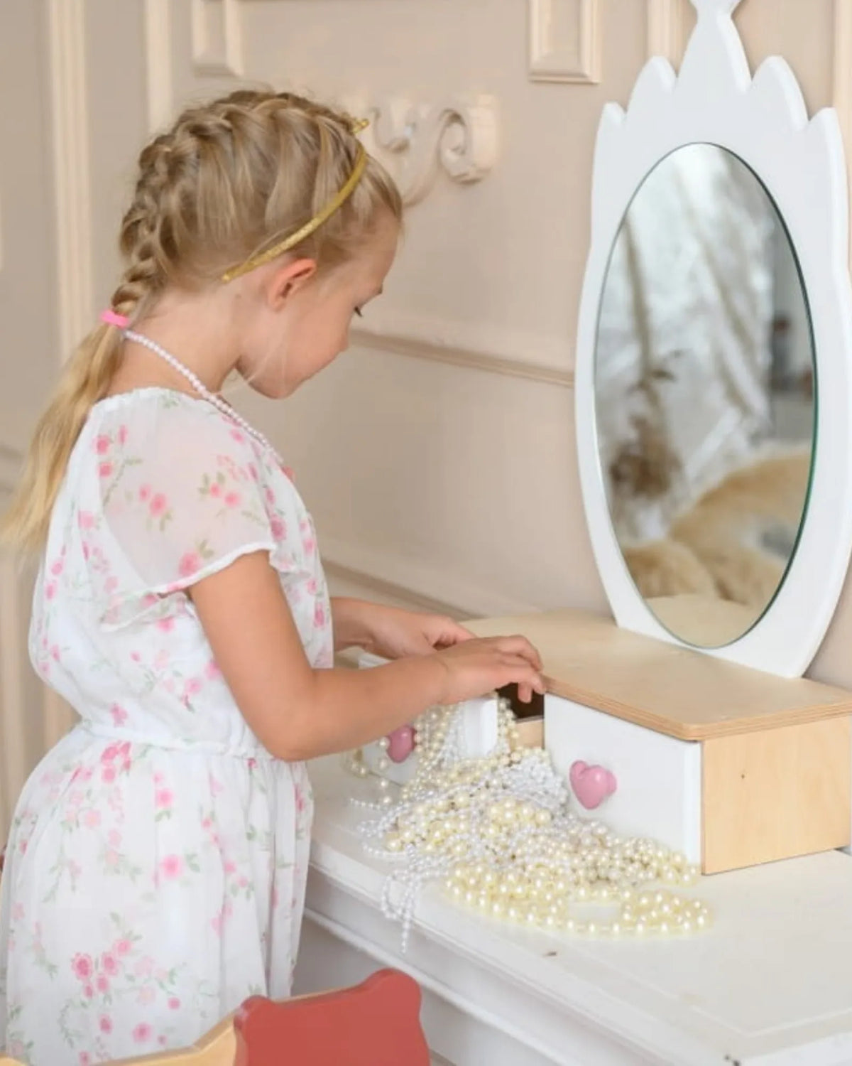 Coiffeuse Enfant "Princesse" – Miroir Couronne & Rangement (Bois Naturel) – Montessori pour enfant – photo 6