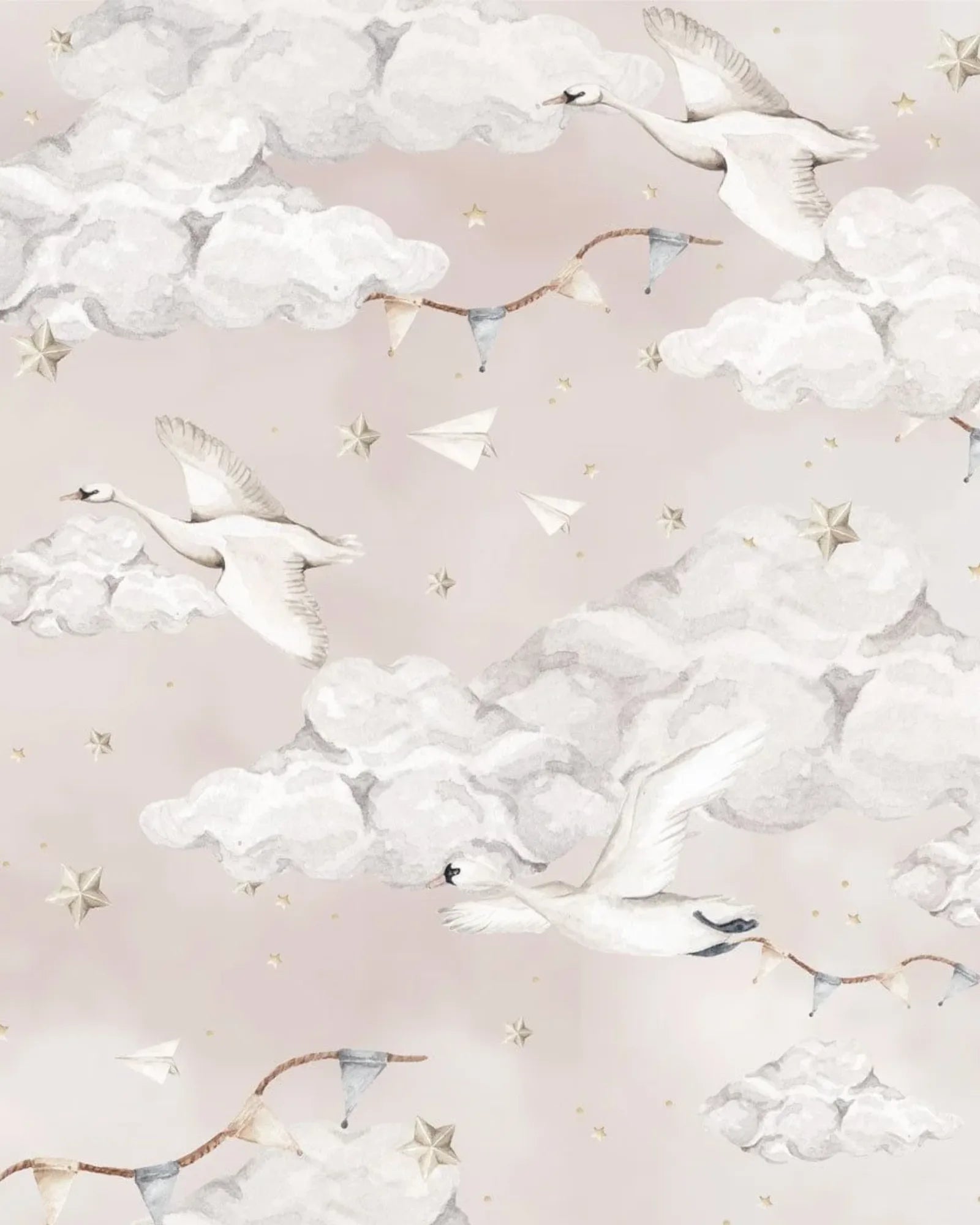 Papier Peint Cygnes Magiques Rose Saumon – Chambre Fille en 100x140cm | Papier Peint Tinitto – Fabrication européenne