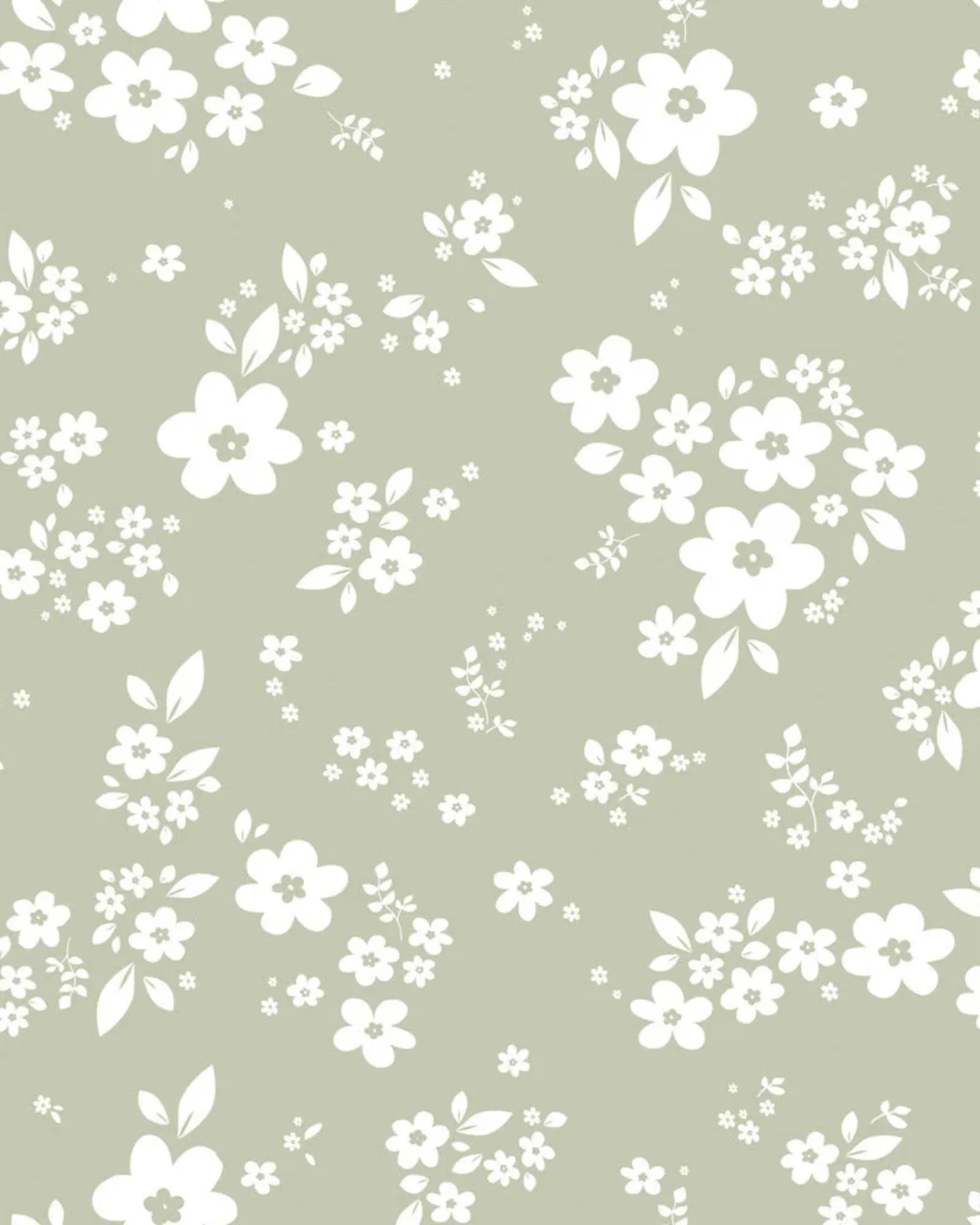 Papier Peint Fleurs Blanches Silhouette – Fond Vert Sauge en 50x140cm | Papier Peint Tinitto – Fabrication européenne