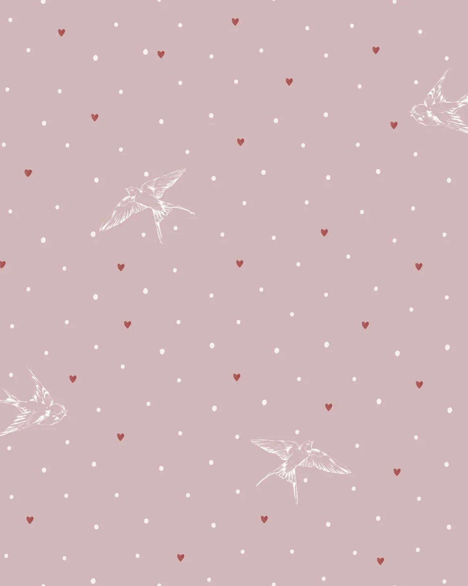 Papier Peint Hirondelles & Cœurs Fond Rose – Chambre Bébé Fille en 50x140cm | Papier Peint Tinitto – Fabrication européenne