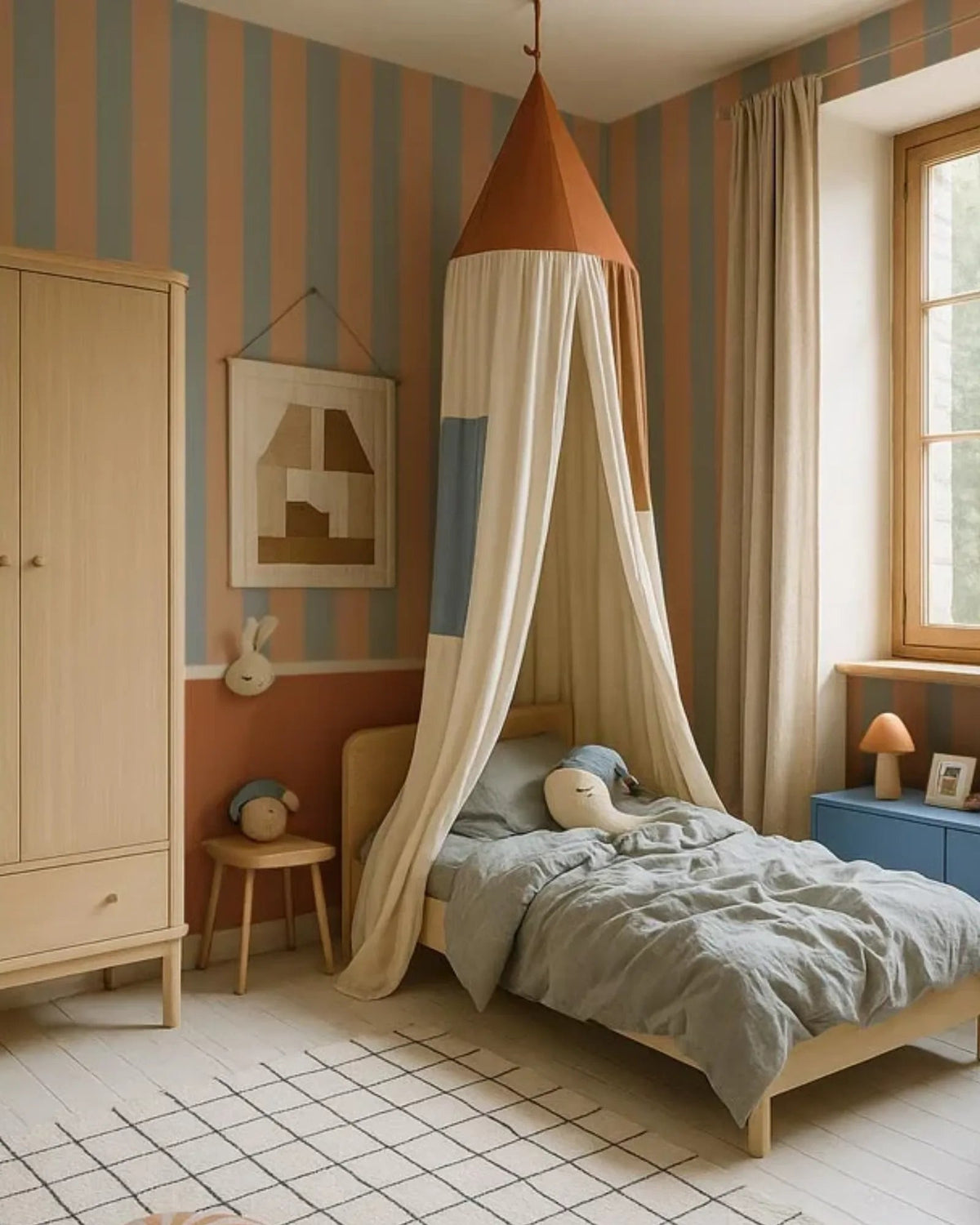 Papier Peint Intissé Rayures Bleu Gris – Style Moderne &amp; Scandinave – Montessori pour enfant – photo 1