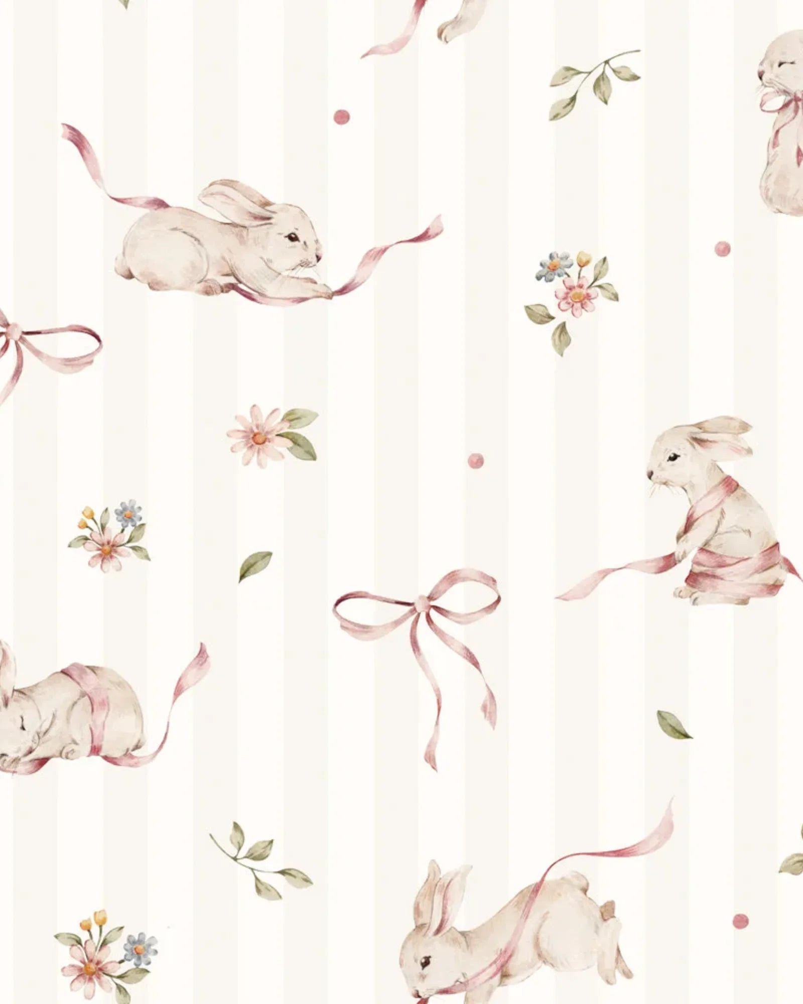 Papier Peint Lapins Roses sur Rayures – Chambre Bébé Fille en 50x140cm | Papier Peint Tinitto – Fabrication européenne