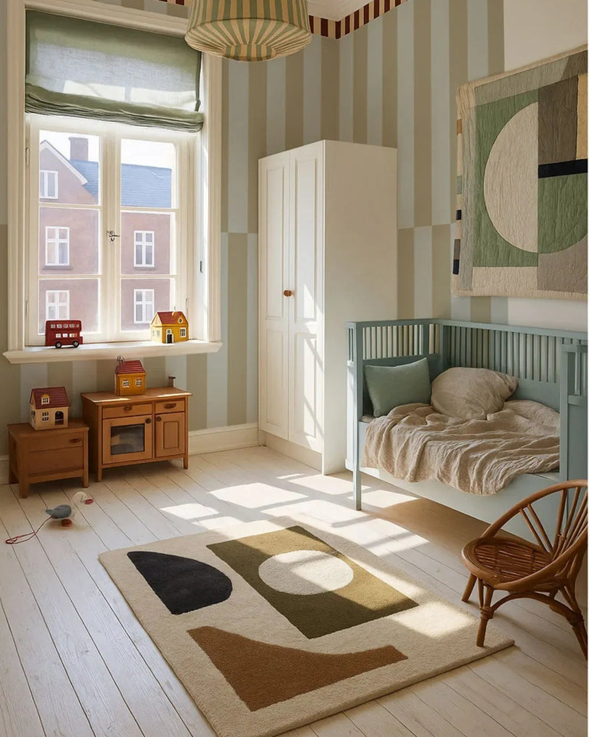 Papier Peint Rayures Bleu et Vert Graphique – Chambre Enfant – Montessori pour enfant – photo 1