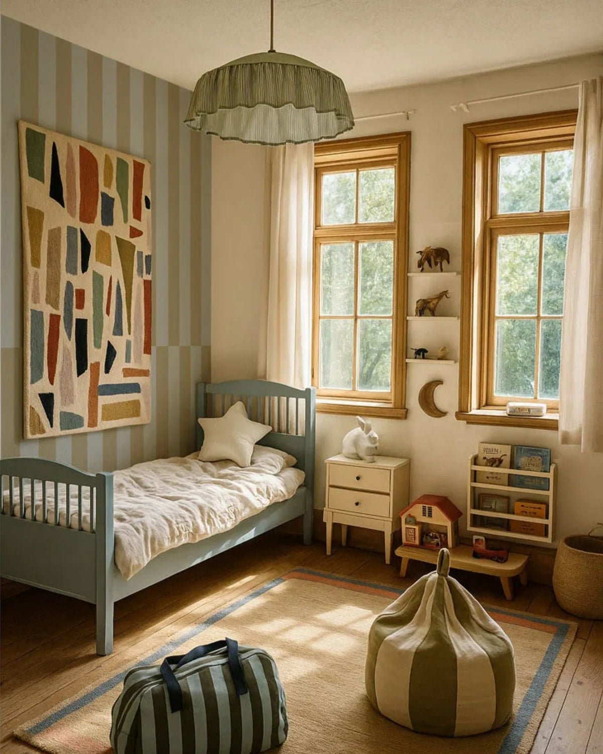 Papier Peint Rayures Bleu et Vert Graphique – Chambre Enfant – Montessori pour enfant – photo 3