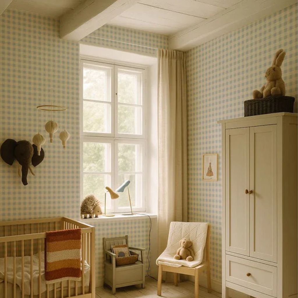 Papier Peint à Petits Carreaux Bleu et Crème – Style Scandinave