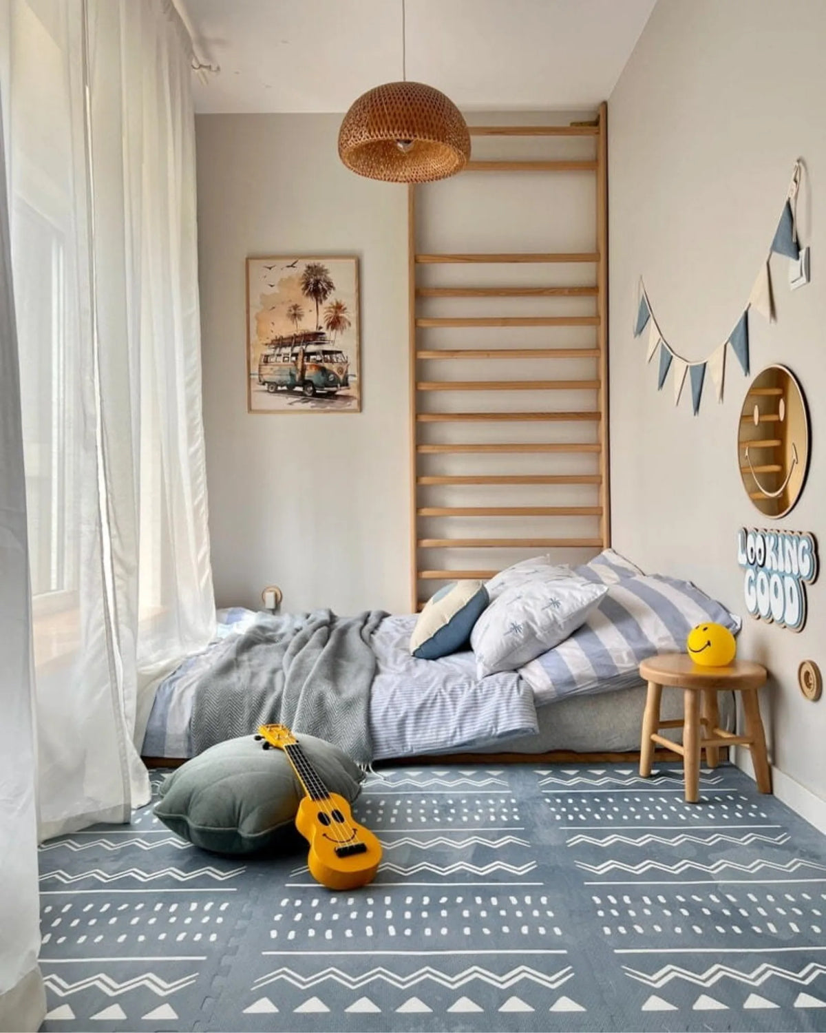 Tapis Puzzle Mousse Boho OLYA KIDS – Azure / Sand | 120×180 cm – Décoration Montessori pour enfant | Tinitto