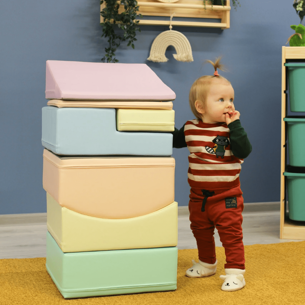 Ensemble de 7 Blocs de Mousse Soft Play - Petit Rampant Pastel Turquoise en | Motricidade Tinitto – Fabrication européenne