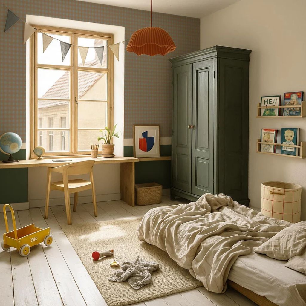 Papel de parede xadrez azul e castanho – Padrão Minimini em | mobiliário Tinitto – Fabricação europeia