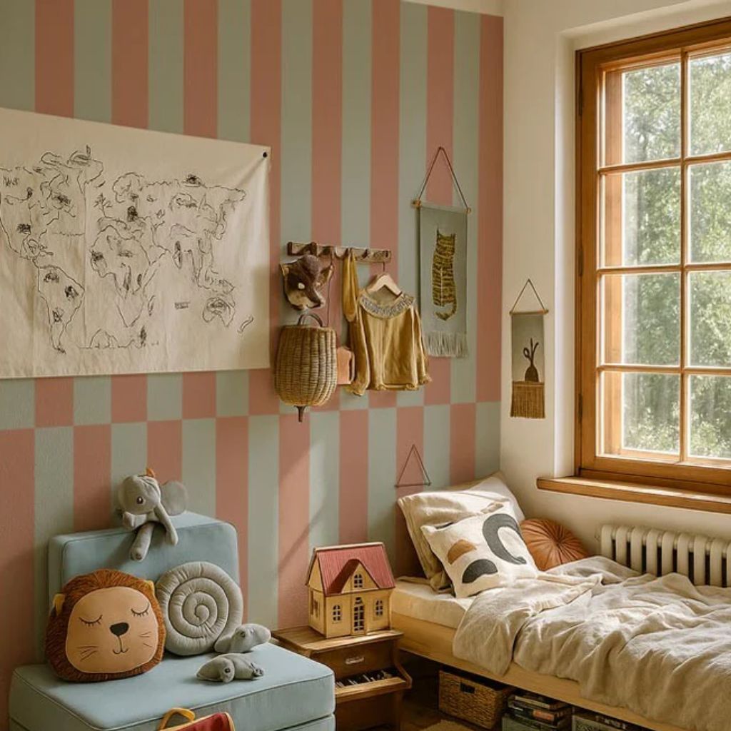 Papel pintado con rayas verticales verdes y marrones – Diseño original en | muebles Tinitto – Fabricación europea