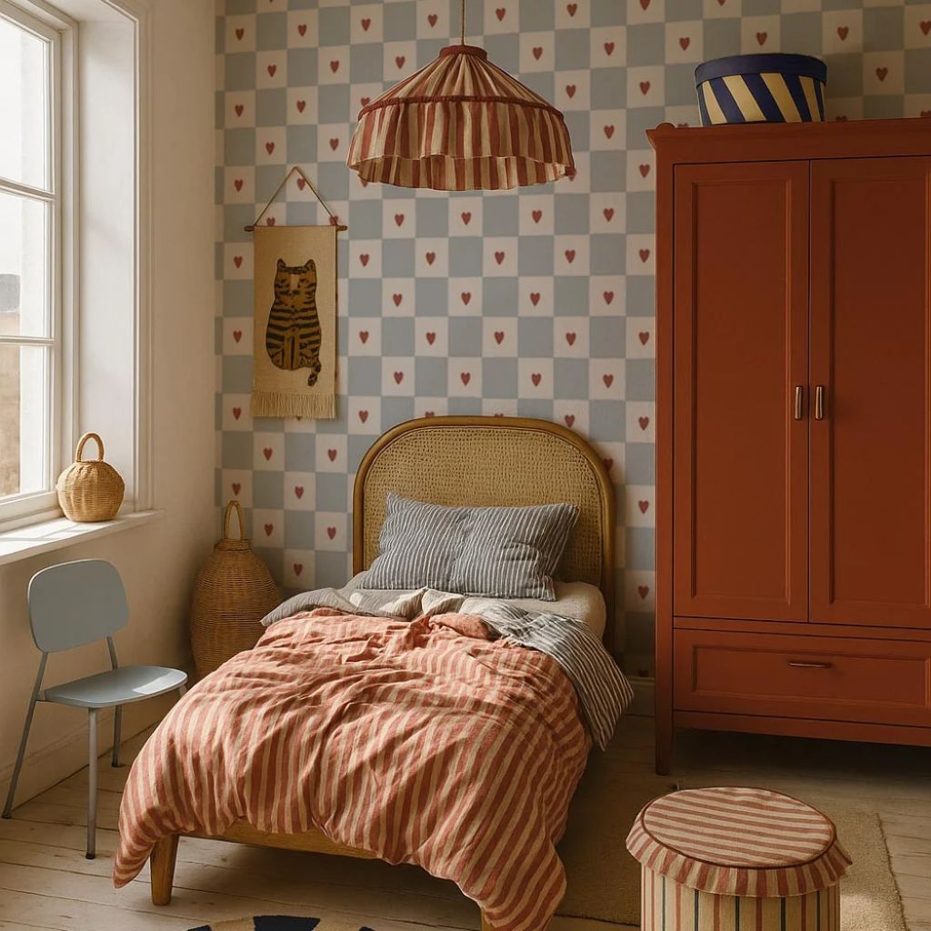 Papier Peint Vichy et Cœurs – Style Campagne Chic et Romantique