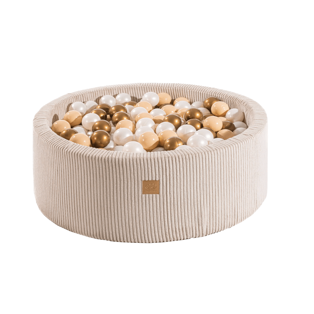 Piscina redonda com bolas com 200 bolas castanhas, douradas e brancas - Veludo Ecru em | Motricidade Tinitto – Fabricação europeia