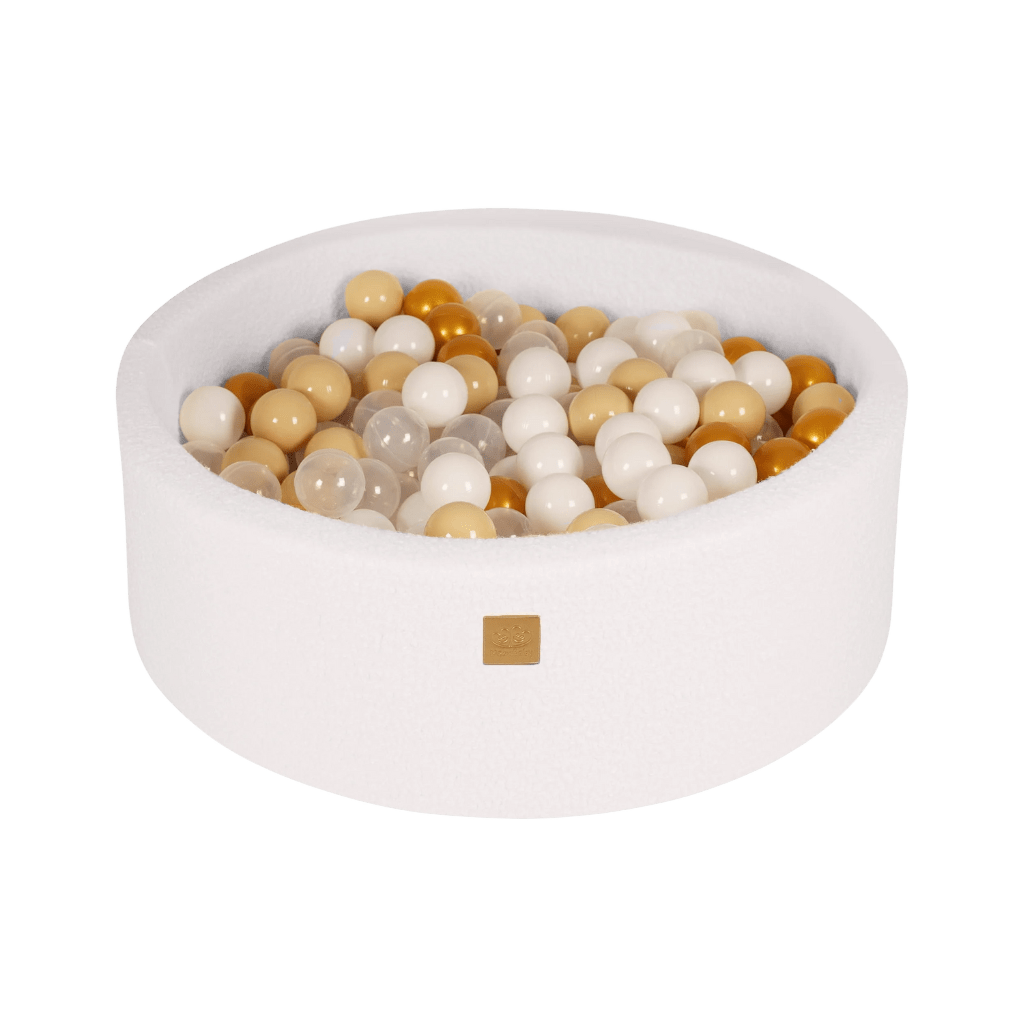 Piscine à Balles Ronde Blanc 90 x 30 cm avec 200 balles dorées/beige/blanches/transparentes en | Motricidade Tinitto – Fabrication européenne
