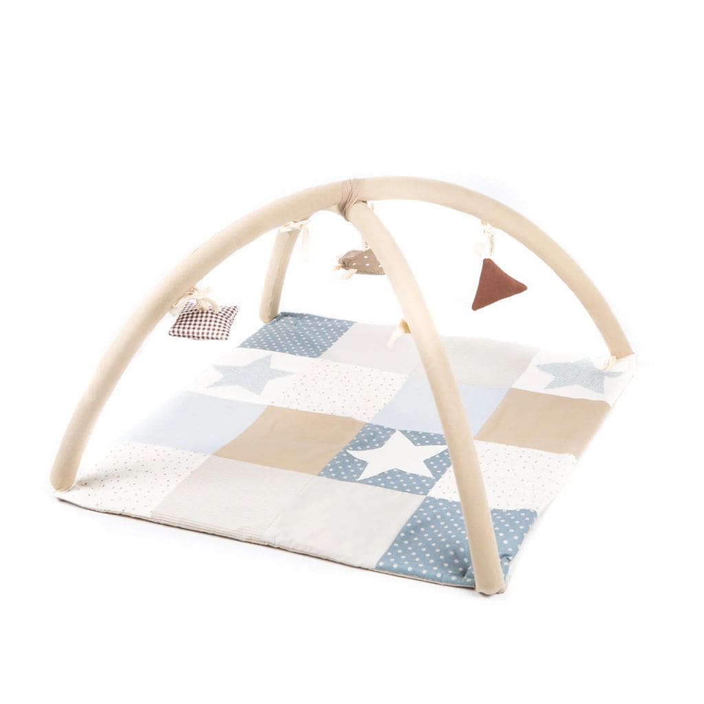 Tapis d’activités bébé en coton bio – Confort & Jeu 80x80 cm en SkyBlue | toys Tinitto – Fabrication européenne