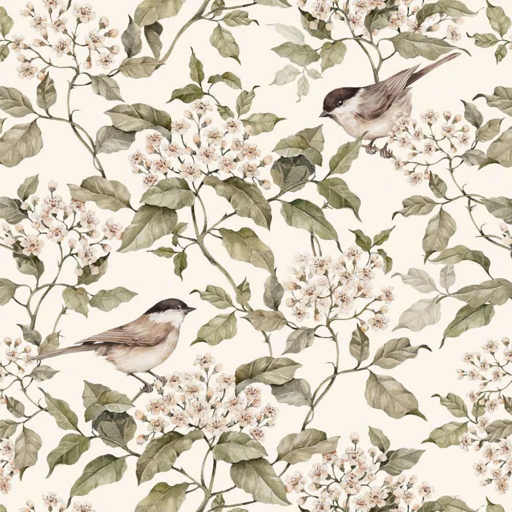 Papier Peint Printemps Beige et Oiseaux