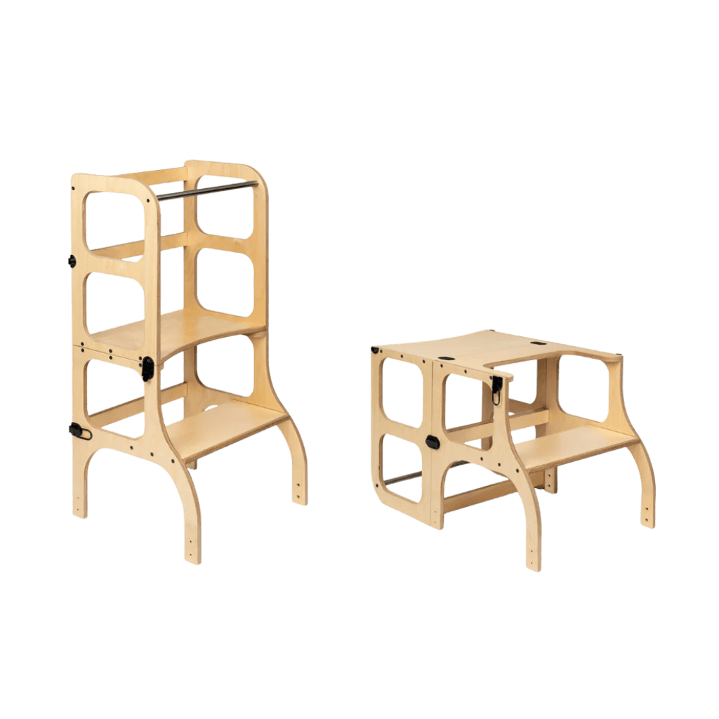 Tour d’Apprentissage Évolutive 2 - en - 1 STEP’n’SIT® en BurlyWood | Motricidade Tinitto – Fabrication européenne